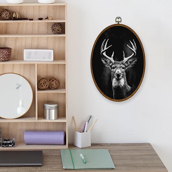 WULQYING Vintage Deer Wall Art Decor, Moody Dark Academia Stag Oval Framed Canvas Art Prints, Rustic Farmhouse Forest Animal Wall Hanging Decor for Home Bedroom Living Room, 8.6x11.4 Inches