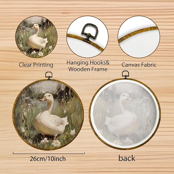 Hiuwevt Nature Wetland Duck Round Wall Art Decor, Rustic Country Floral Duck Hanging Canvas Prints Artwork Framed, Retro Cottagecore Circular Wall Decor for Home Bedroom Farmhouse, 10x10 Inch