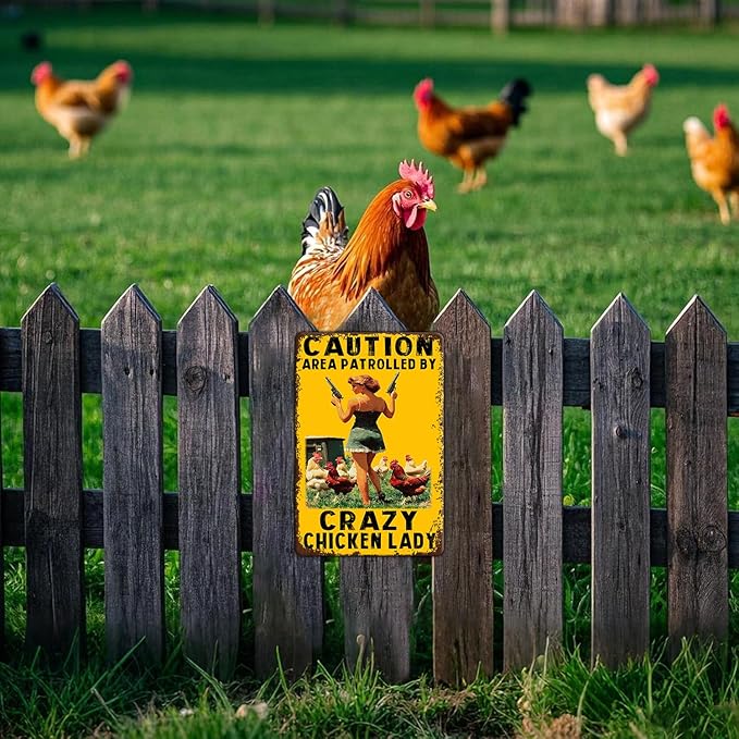 Funny Chicken Metal Sign Vintage Caution Area Patrolled By Crazy Chicken Lady Tin Signs Farm Coop Wall Decor Farmhouse Kitchen Home Garden Yard Hen Tin Poster 12x8 Inch