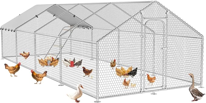 Large Metal Chicken Coop with Roosting Perch, Waterproof and UV Protection Cover, Chicken Run Outdoor Walk-in Cage Chicken Rabbit Duck Hen House for Yard Farm Use Spire Roof (10’ W x 26.2’ L x 6.4’ H)
