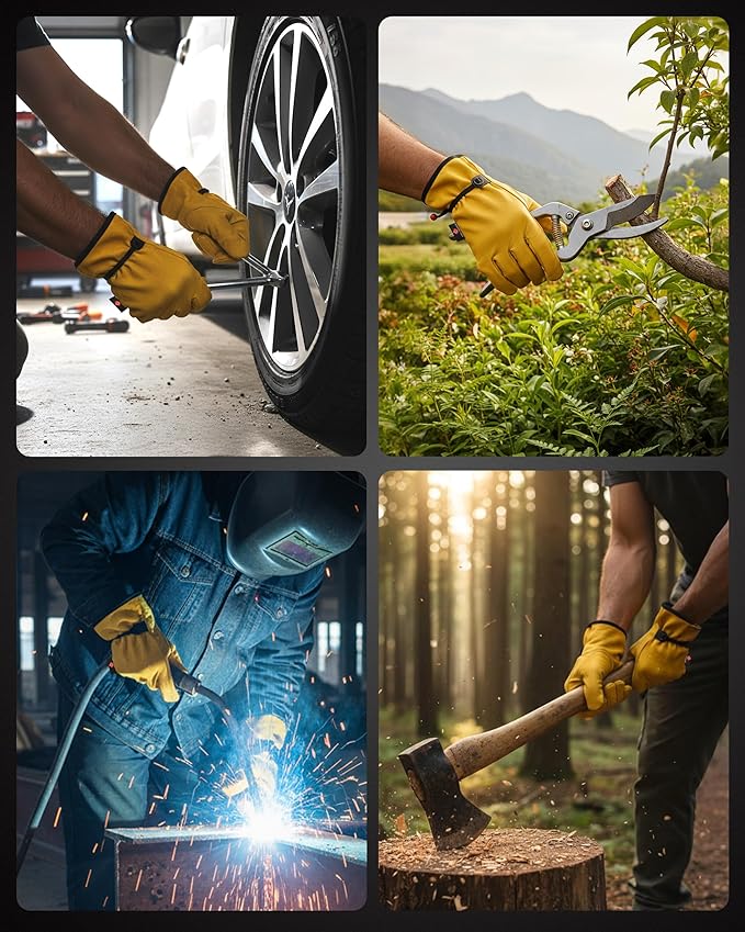 6 Pair Heavy Duty Leather Work Gloves for Men & Women – Adjustable Strap Cowhide Construction & Yard Leather Gloves – Puncture Resistant Safety Gloves for Landscaping & Outdoor Use (L)