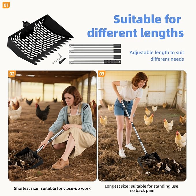 Chicken Poop Scooper & Rake 2-in-1, 4 in 1 Stainless Steel Handle Chicken Coop Pooper Shovel (23 to 62"), Suitable for Animal Sheds, Garbage Shovel with Adjustable Angle, Scooper Sand Sifting Shovel