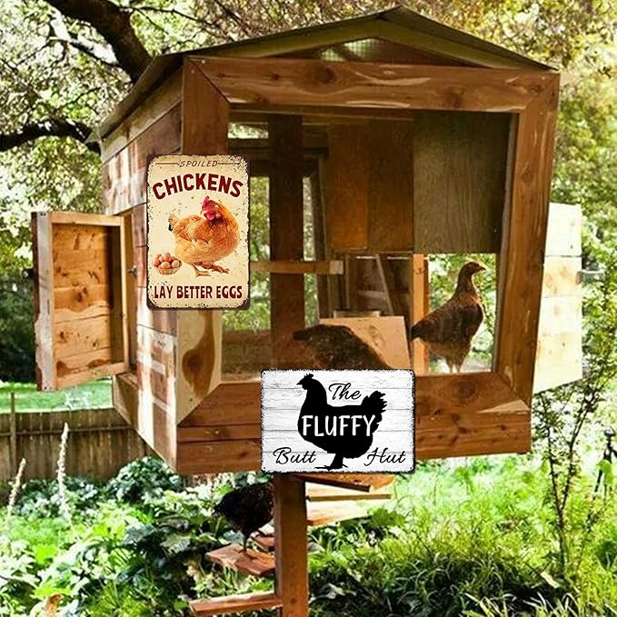Chicken Coop Signs Metal Tin Decor - Vintage Farm Outdoor Wall Art, Funny Yard Kitchen Gifts for Chicken Lovers - Spoiled Chickens Lay Better Eggs Tin Sign for Barn, Coop Accessories 8x12 Inch
