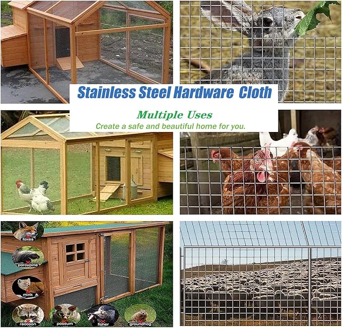 Stainless Steel Hardware Cloth Size:21Gauge 1/2inch 16inchx8Feet 304 Stainless Steel Welded Wire Mesh Supports Poultry Netting Cage Fence,Keep The Animals Out, Protecting New Plants