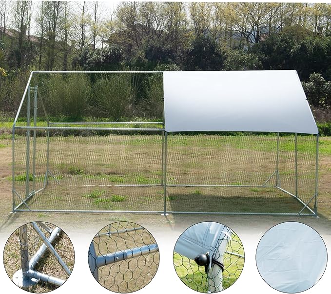 Large Metal Chicken Coop Walk-in Poultry Cage Hen Run House Spire Shaped Cage with Waterproof and Anti-Ultraviolet Cover for Outdoor Backyard Farm Use (13.2’ L × 9.84’ W)