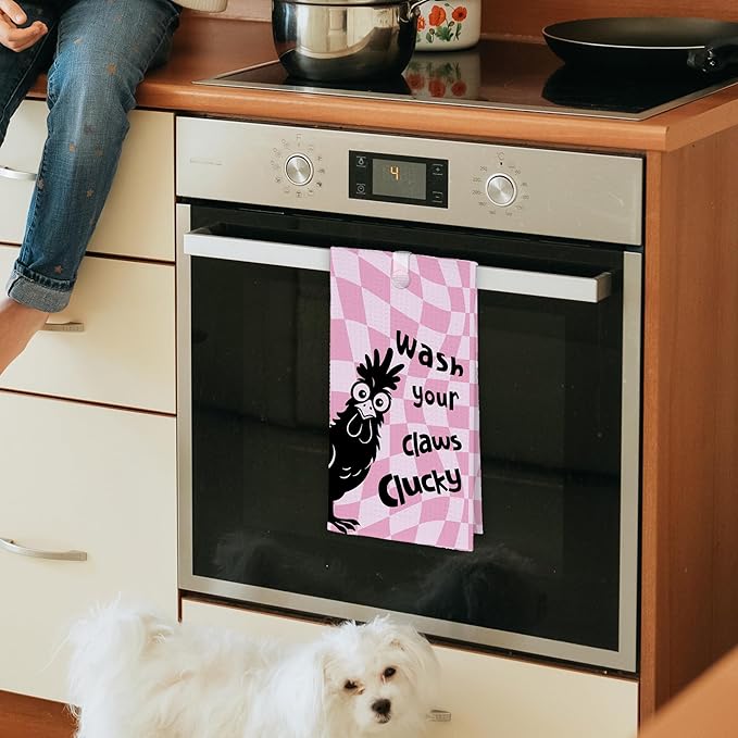 Pink Funny Chicken Rooster Bathroom Kitchen Towels, Wash Your Claws Hand Towel for Girly Room, Farmhouse Cock Gifts for Farmer, Trendy Preppy Checkered Dish Towels Decor for Dorm Home 16x24in