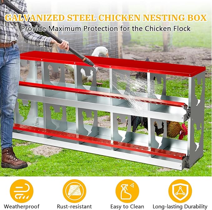 Chicken Nesting Box for Laying Eggs,Wall-Mountable Chicken Coop Nesting Boxes,10 Hole Roll Away Nesting Boxes,with Large Vented Holes,for Chickens,Ducks,Large Egg Laying Boxes (Red 10 Hole)