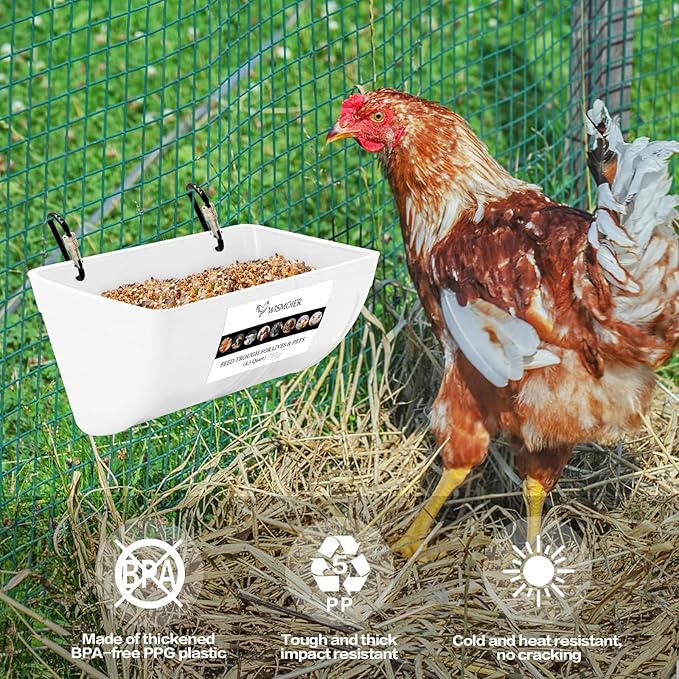 2 Pack Chicken Feeder Trough with Clips Fence Hanging Goat Feeders Hanging Feeders for Livestock,Horse Chicken Deer Goose,Pig Chicken Feed Trough Bucket Feeding Container