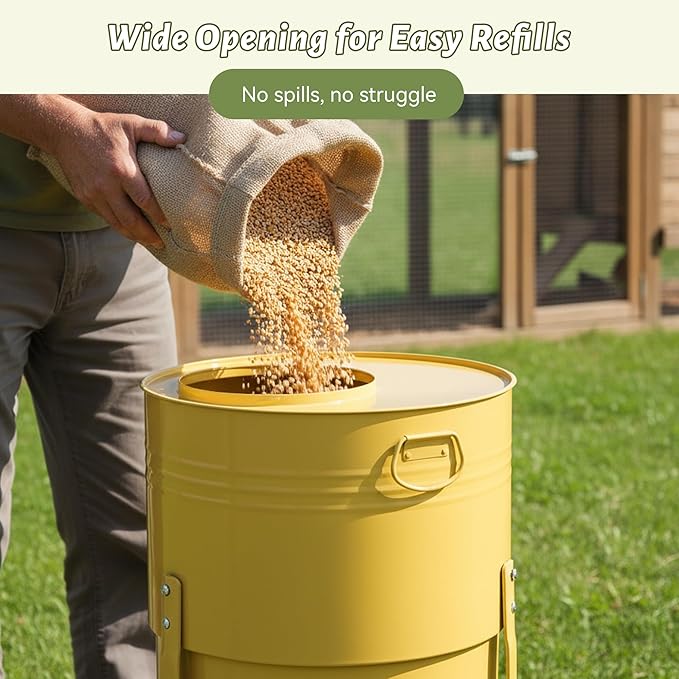 KOL Chicken Feeder No Waste for Coop & Outdoors, 16 Port 50lbs Poultry Feeder with Spill-Control Design, Rust-Proof Powder Coated Metal & Smooth Safe Edges (Yellow)