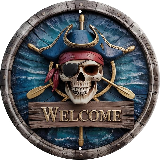 CSWLJS Skull Welcome Wall Art Decor Metal Sign Beach Vintage Round Plaque Nautical Themed Bar Cafe Home Decor Enthusiasts Gift For Friends And Family 8x8 In