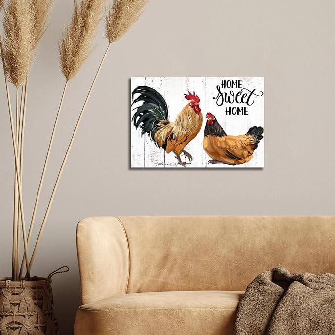 Farmhouse Rooster Wall Art Canvas Print - Rustic Kitchen Decor Painting for Home, Country Chicken Themed Artwork 10“x15"