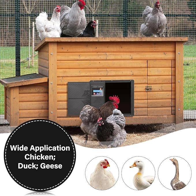 Automatic Chicken Coop Door, LCD Display Battery Powered Automatic Chicken Door with Timer, Electric Auto Chickens Doors Opener Anti-Pinch Function Weatherproof