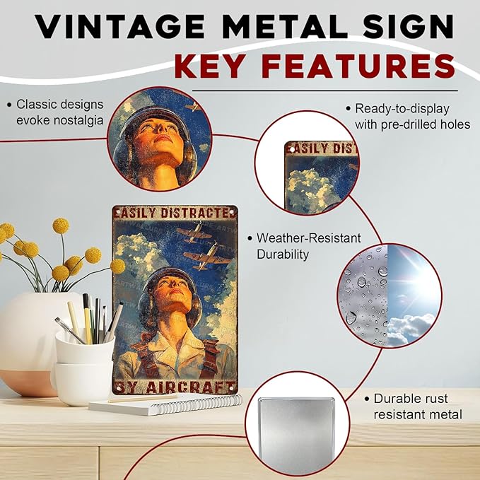 Airplanes Sign for Home Decor Easily Distracted By Airplanes Vintage Metal Poster Retro Art Decor for Backyard Garage Man Cave Shed Office Craft Room 8x12inch
