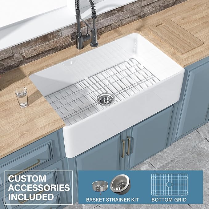 White Farmhouse Sink 33 x 20 Inch, Large Firecaly Apron Front Undermount Farm Sink Heavy Duty Deep Single Bowl, with Custom Accessories 2 Types, Pure White, for Kitchen