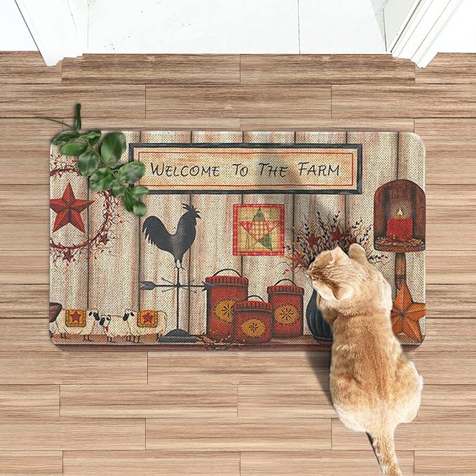 Roszwtit Farmhouse Kitchen Rugs and Mats, Welcome to The Farm Rooster Door Mat, Seasonal Washable Non-Slip Floor Mats for Home Kitchen Decor 30x17 Inch