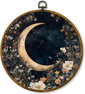 Hiuwevt Mystical Star Sky Lunar Floral Round Wall Art Decor, Dark Cottagecore Crescent Moon Hanging Canvas Prints Artwork Framed, Rustic Wildflower Circular Wall Decor for Home Room, 10x10 Inch