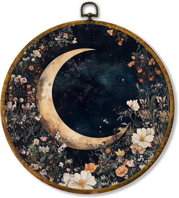 Hiuwevt Mystical Star Sky Lunar Floral Round Wall Art Decor, Dark Cottagecore Crescent Moon Hanging Canvas Prints Artwork Framed, Rustic Wildflower Circular Wall Decor for Home Room, 10x10 Inch