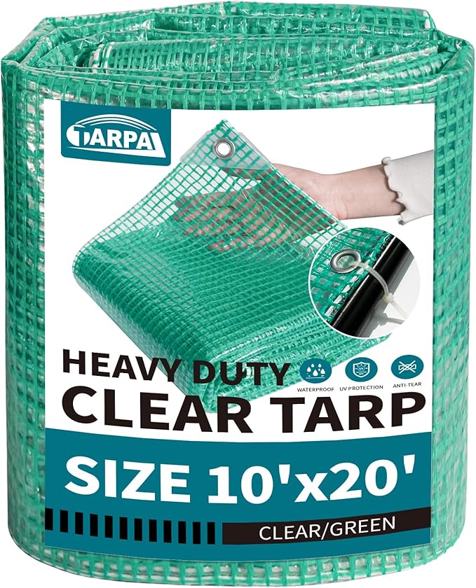 TARPAL 10'x20' Clear Green Tarp Heavy Duty Waterproof 12mil with Grommets or Zip Ties for Large Greenhouses for Outdoors Garden,Farm,Chicken Coops