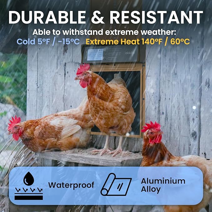 Okkobi Automatic Chicken Coop Door Solar Powered - LCD Display - Chicken Coop Door with Remote Control, Light Sensor & Timer - Security & Peace of Mind: Anti-Pinch function - 5-Year Protection - Brown