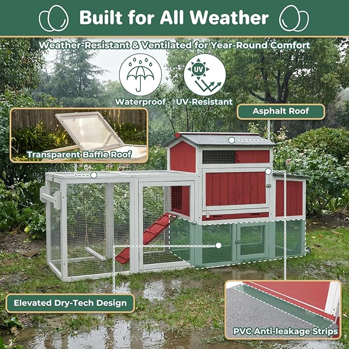 Chicken Coop with Wheels, Weatherproof Mobile Hen House Chicken Tractor with Run, Nesting Box, Roosting Bars, Pull-Out Tray, Asphalt Roof & Fun Swing for Chickens Quails, Backyard Use