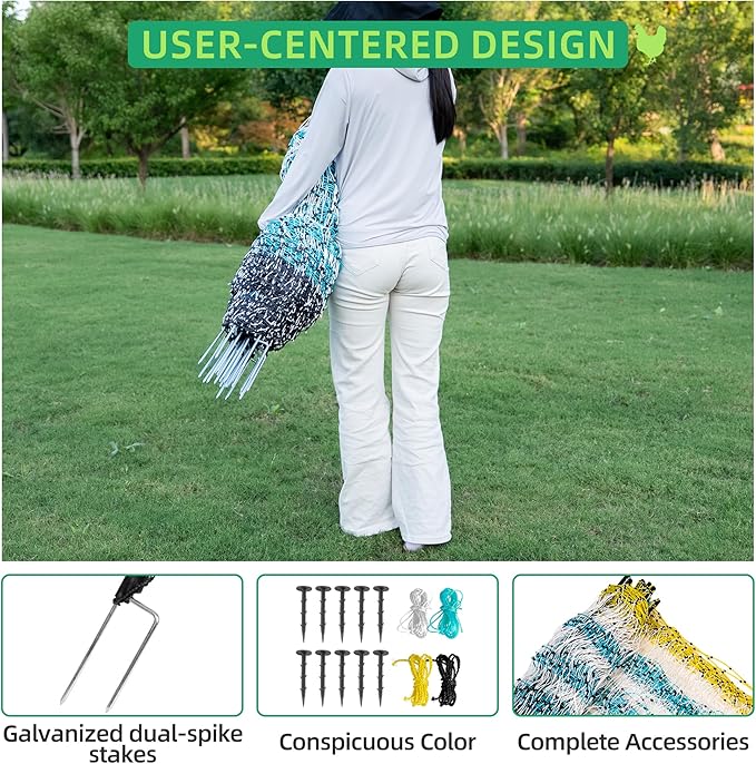 Poultry Netting Electric Fence - 164' L x 47.5" H, Portable Livestock Nets Mesh for Chickens, Ducks, Geese, Turkey, Electric Fencing for Backyards, Homesteaders, Farms, Ranches, Gardens
