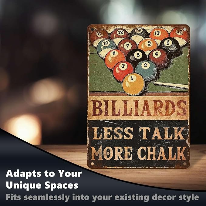 Retro Billiards Tin Sign Less Talk More Chalk Metal Wall Decor with 8 Ball & Pool Cue Decorations for Man Cave Game Room Basement Bar Pub Tavern Wall Art 16 * 12 In