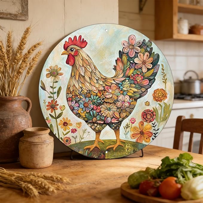 Chicken Coop Hen Round Metal Tin Sign Flower Wreath Wall Decor Farmhouse Outdoor Wall Art Decoration for Chicken Lovers Decor 12 Inch