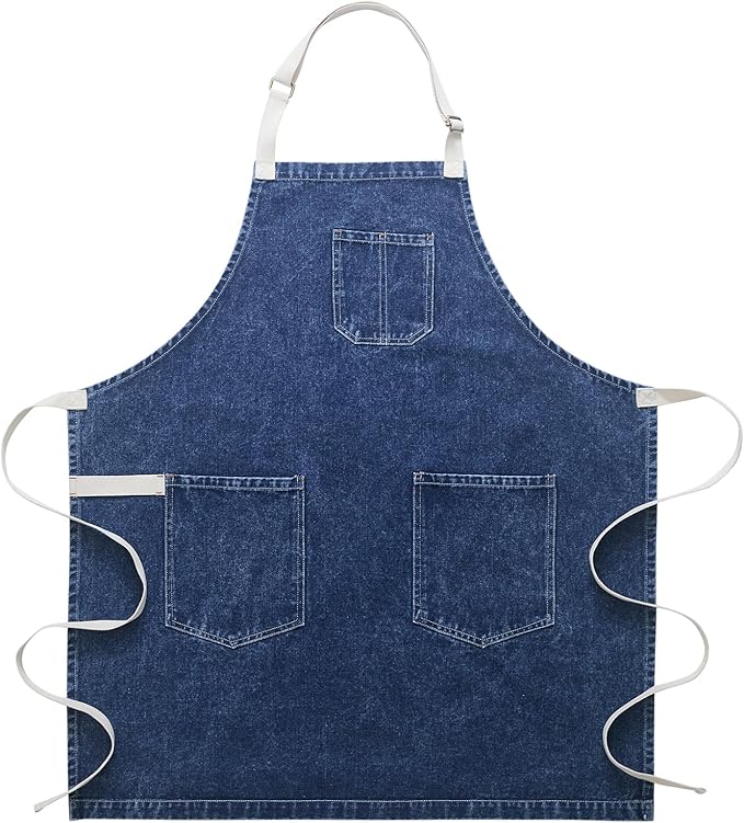 Cotton Denim Apron Soft - Unisex Adjustable Bib Apron with 5-Pockets Perfect for Kitchens