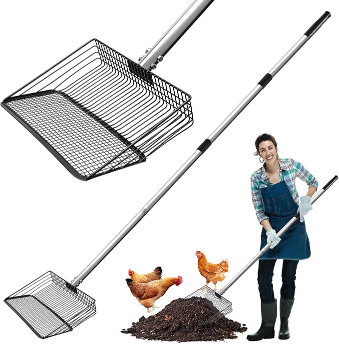 10 Inch Large Metal Chicken Poop Scooper with Adjustable 24–68 Inch Stainless Steel Handle, Heavy Duty Litter Sifting Shovel for Chicken Coop, Cat Litter, Yard, Farm Cleaning Tool