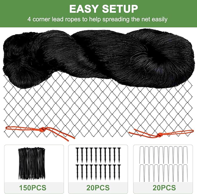 Bird Netting - 100'x100' Heavy Duty Nylon Garden Netting with 2' Mesh for Chicken Coop, Fruit Tree Protection Against Squirrels and Deer