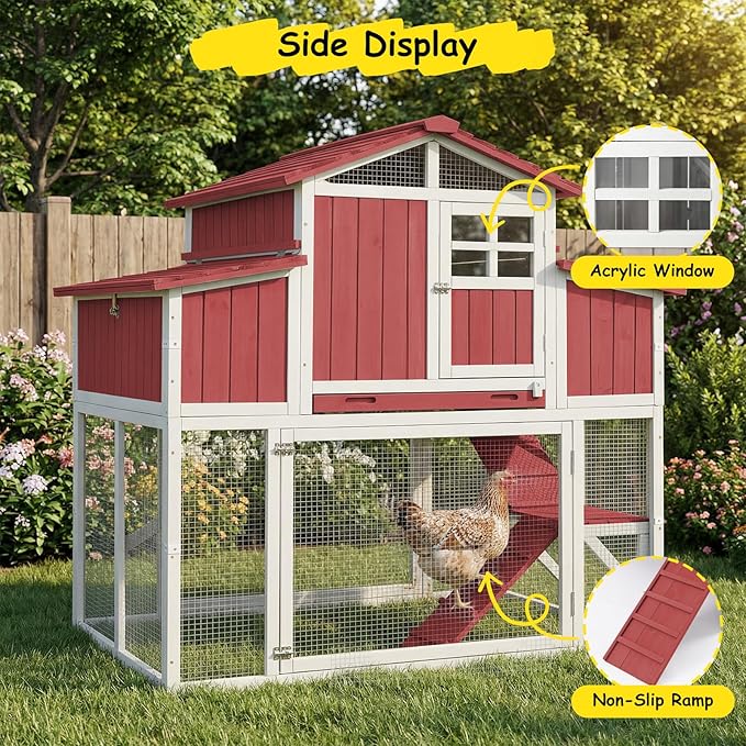 Large Outdoor Wooden Chicken Coop with Run for 2–4 Chickens, 2-Tier Elevated Hen House with Dual Nesting Boxes, Removable Slide-Out Tray, Reinforced Frame, Backyard Poultry Cage, Red