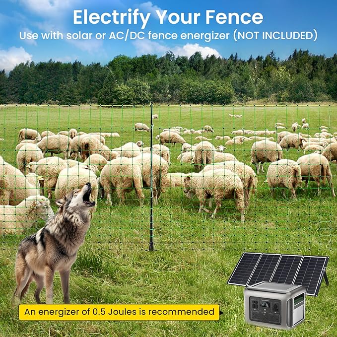Electric Fence Netting, 164'L x 35.4" H Movable Livestock Nets for Sheep, Hogs, Cattle, PE Net Fencing Kit with 14 Posts Double Spiked, Electric Fencing for Backyards, Homesteaders, Farms Ranches