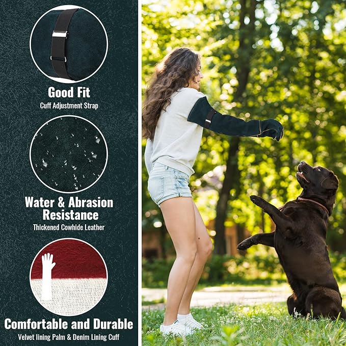 Animal Handling Gloves - 23.6 inch Bite Proof Gloves, Anti Scratch Cowhide Leather for Cat Grooming, Snake Animal Handling