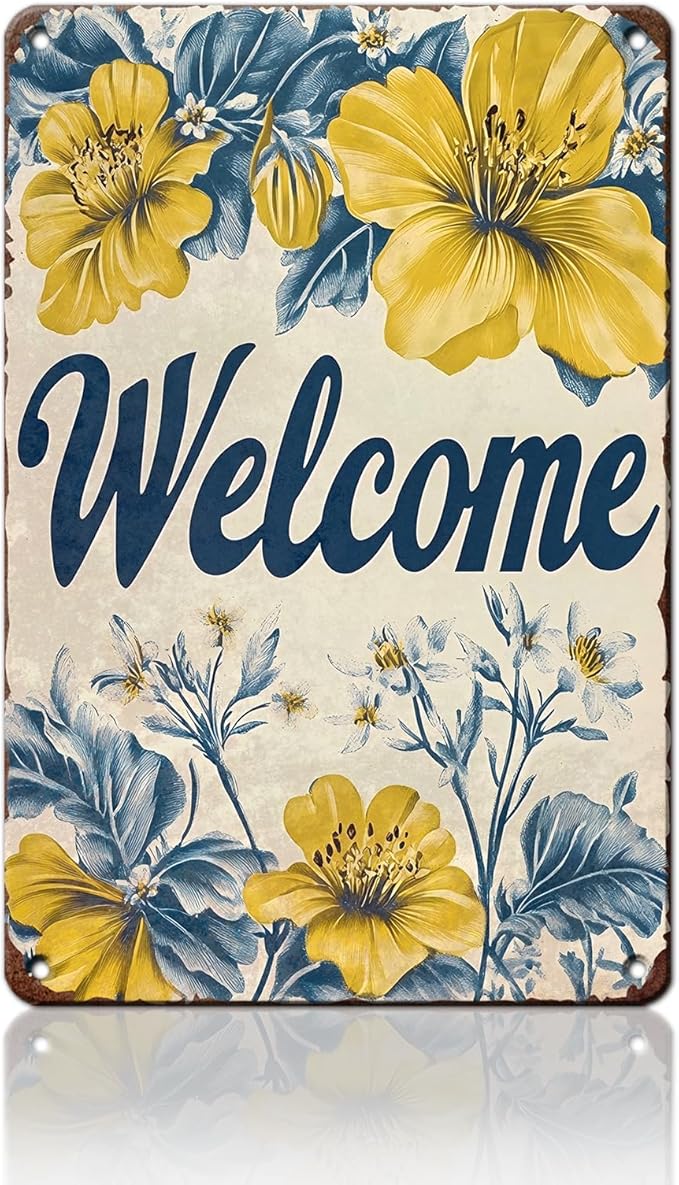 Flowers Vintage Tin Sig Welcome Metal Tin Sign Retro Sign for Home Bar Office Outdoor Wall Decor 12x16inch