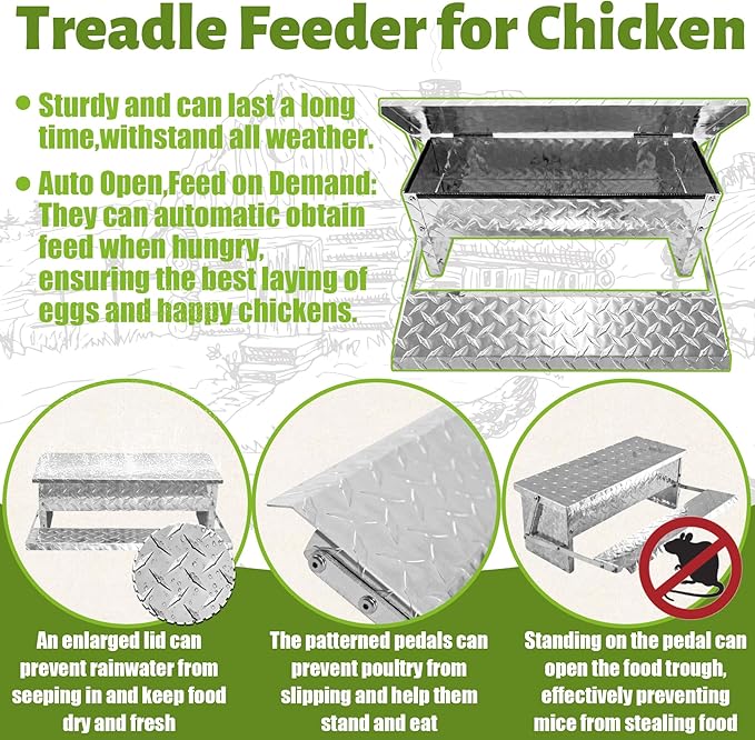 ‎Fsehyue Automatic Chicken Feeder Chook Food Feeder Capacity Treadle Self Opening Pou with Weatherproof Lid Rain Cover for Roosters Pheasant Chicken Outdoor Coop Silver Full Aluminum(11lbs/5000g)