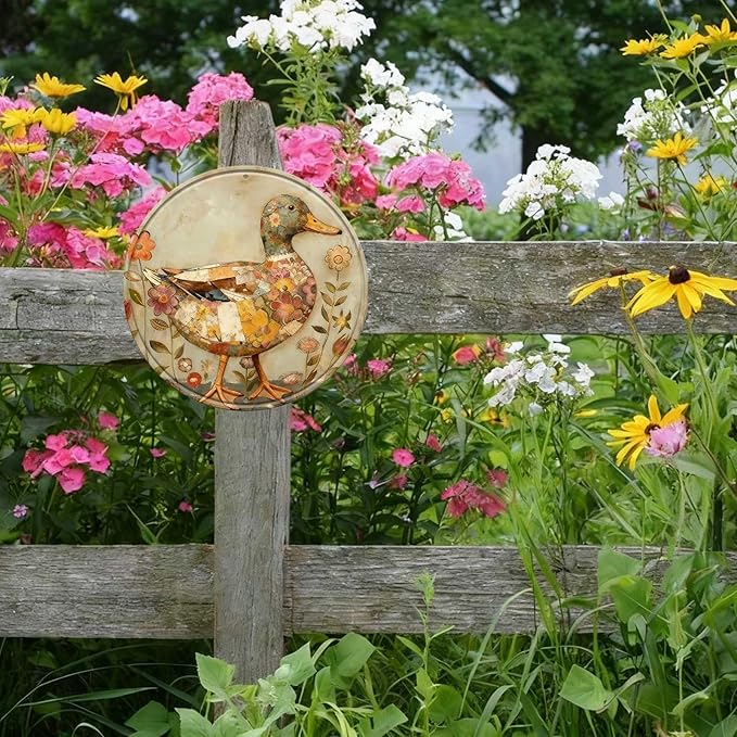 Duck Round Metal Tin Sign Wreath Farm Flowers Rustic Vintage Wall Art Decor for Garden Porch Yard Farmhouse Outdoor Decor 12x12inch