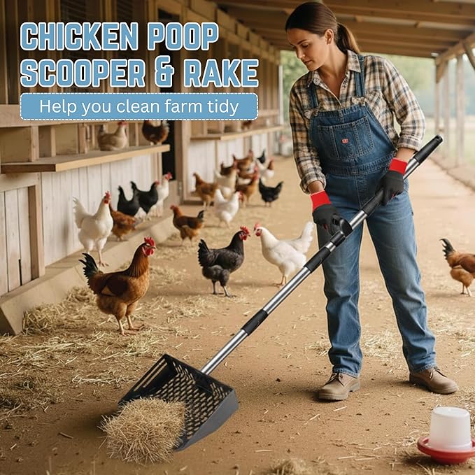 2-in-1 Chicken Poop Scooper, Rake with Grip & Gloves Adjustable 35–62” Stainless Steel Chicken Coop Scoop, Heavy-Duty Metal Cat Litter Scoop, 10" Sifting Shovel for Pet Waste Cleaning