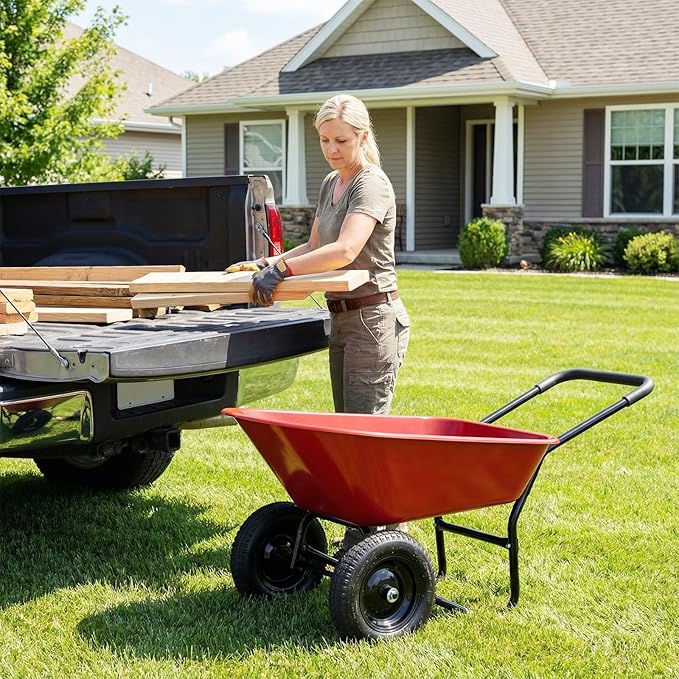 IRONMAX Dual-Wheel Wheelbarrow, Heavy Duty Wheel Barrel with All-Terrain Wheels, 330 LBS Utility Yard Cart with Built-in Stand, Outdoor Gardening Carts for Lawn, Farm, Planting (Red)