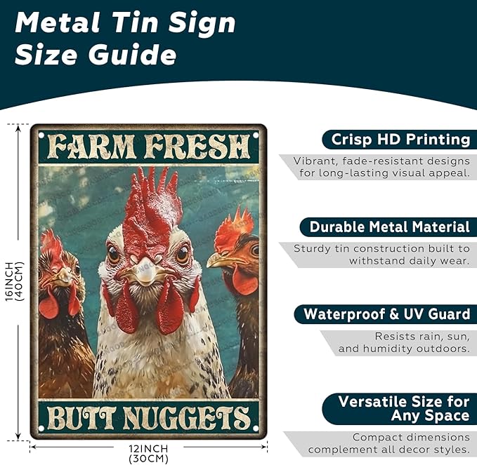 Rustic Metal Tin Sign Chicken Farm Fresh Butt Nuggets Wall Art Retro Plaque For Kitchen Bar Farmhouse Iron Painting 16x12 Inch