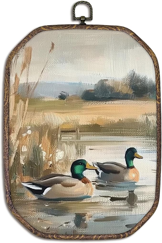 Yorhifa Vintage Mallard Duck Framed Wall Art, Countryside Lake Oval Wall Art, Wildlife Nature Pond Oval Walls Decor, Farmhouse Rustic Farm Animal Canvas Artwork Hanging Decor, 7x10.2 Inch