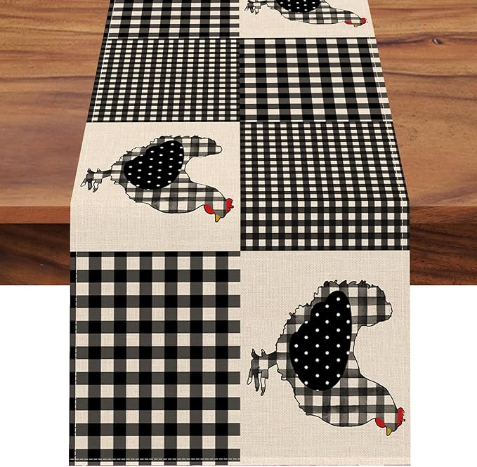 Seliem Farm Animal Chicken Hen Black White Buffalo Plaid Check Table Runner, Farmhouse Chick Home Kitchen Holiday Spring Summer Decor, Easter Rustic Burlap Dining Decoration Party Supply 13x108