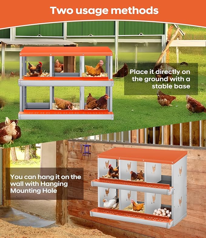 Chicken Nesting Box,6 Compartments Nesting Box for Chickens, Two-Tier Galvanized Metal Wall Mount Chicken Egg Laying Box with Large Vented Holes for Easy Egg Collection ﻿