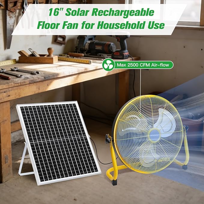 16" Large Solar Rechargeable Floor Fan for Home Outdoor Camping Gazebo Greenhouse Barn Poultry Pet House Cooling or Air Circulation