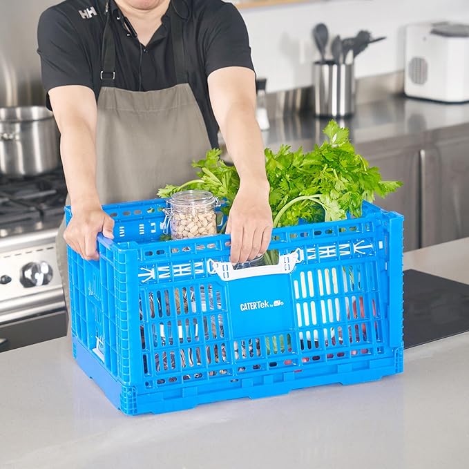 Restaurantware Plastic Milk Crates for Storage - 10 Pack - Cater Tek Stackable Storage Buns for Organizing - Collapsible Storage Basket for Groceries, Home Supplies, Blue