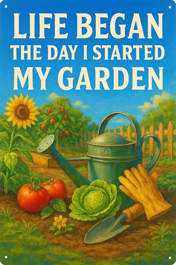 Funny Garden Signs Decorative Outdoor, “Life Began the Day I Started My Garden”Signs for Outside – Vintage Metal Yard Decor for Fence, Greenhouse – Cool Gardner Gifts for Gardening Lovers -8x12 Inch