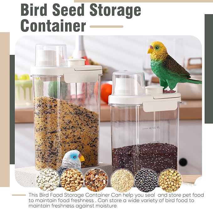 Maxdot 2 Pcs Bird Seed Storage Container 3 Qt/2.8 L with Tight Lids Airtight Cup Pet Food Storage Measuring Containers Lids with Pouring Spouts for Macaws African Grey Cockatoos (Beige)