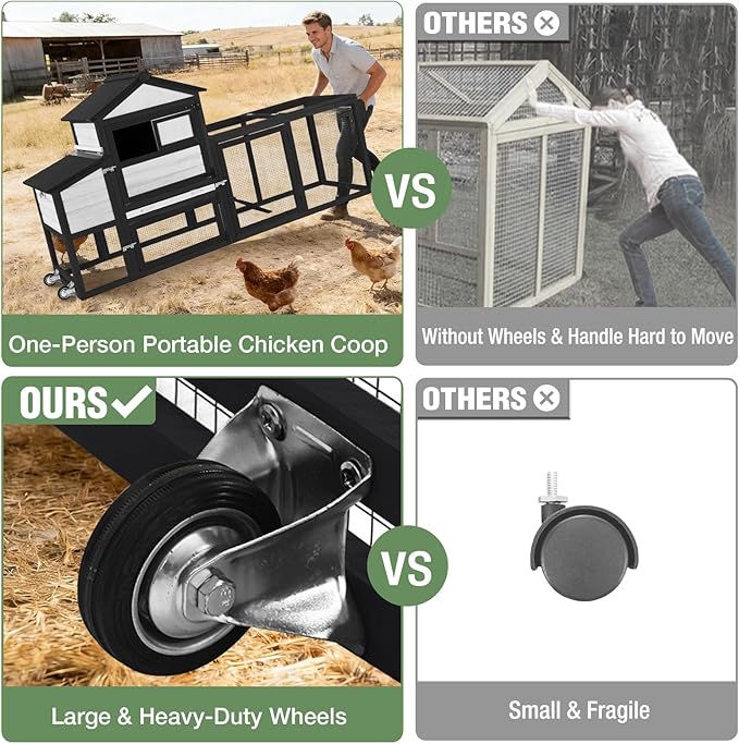 Mobile Chicken Coop with Wheels, Large Outdoor Hen House with Run for 4-6 Chickens, Weatherproof Asphalt Roof, Sectionable Nesting Box & Pull-Out Tray, 82.4" L x 25.8" W x 44.1" H - Black