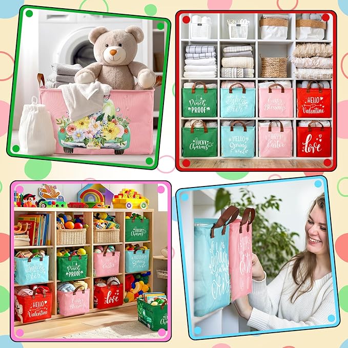 CHENGU 8 Pack Large Easter Gifts Baskets Empty Collapsible Holiday Storage Bin St Patricks Day Valentines Canvas Laundry Basket Foldable Box with Handle for Home Office Bedroom Clothes Toys