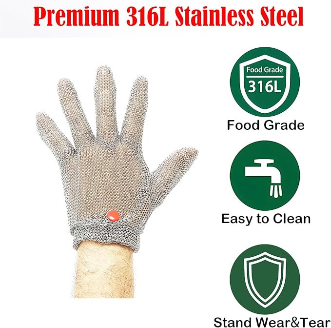 Highest Level Cut Resistant Gloves Food Grade,Chainmail Gloves for Cutting Meat&Food,Spring Wristband,Stainless Steel Metal Mesh Glove,Safety Work Cut Proof Glove for Chef/Butcher(S)