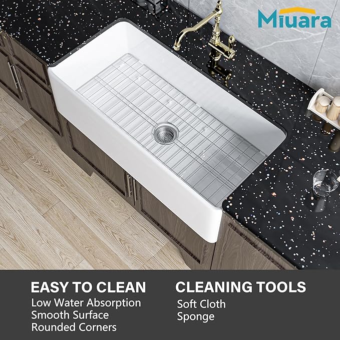 Miuara Farmhouse Sink 36 Inch - Extra Large Apron Front Kitchen Sink Reversible 36"x18"x10", Undermount Installation, Farm House ﻿Style Single Bowl, Solid Fireclay, Glossy White, for Kitchen